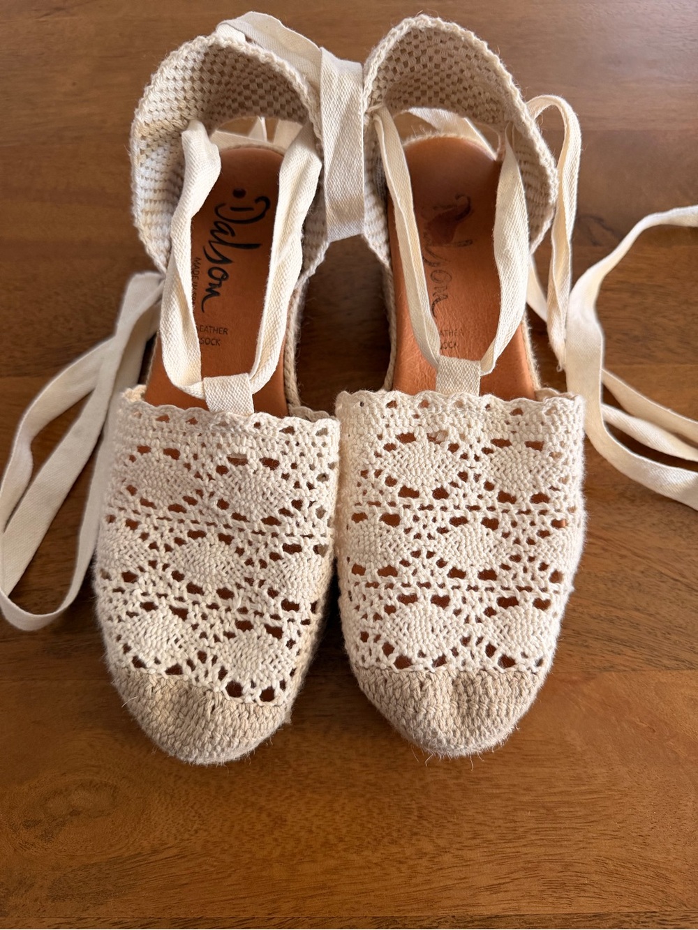 Crochet Espadrille Ankle-Tie Wedges in Cream